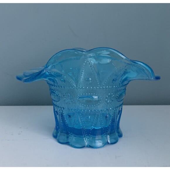 Vintage Kemple Blue Glass Basket Hat Vase Lace Dew Drop Pattern Lace N Dewdrop - Picture 4 of 13